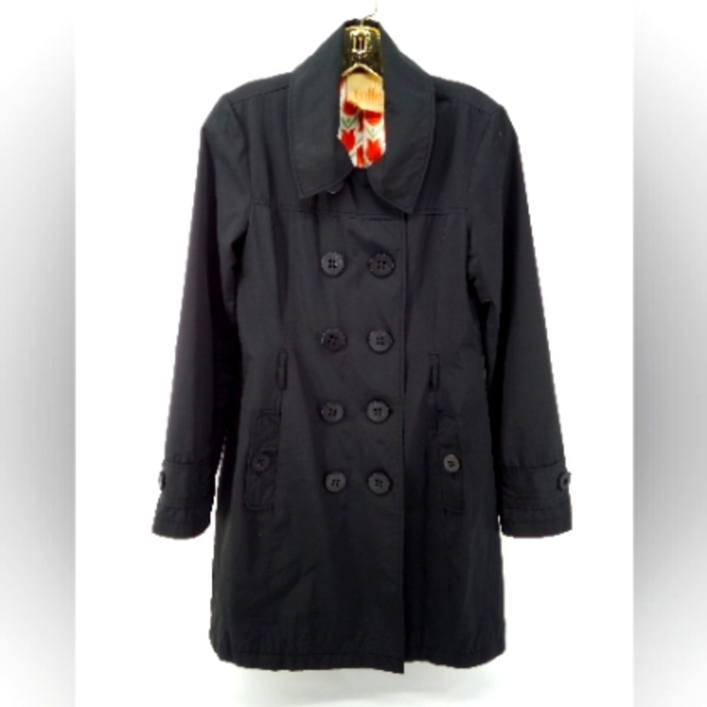Anthopologie Tulle Jacket Black Button Front Long Rain Trench Coat M No Belt